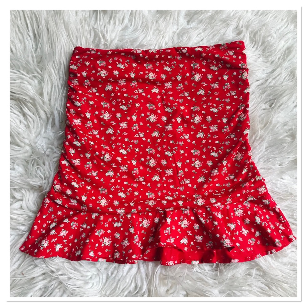 Tiger Mist Bells Ruched Mini Skirt Floral Red Size Medium